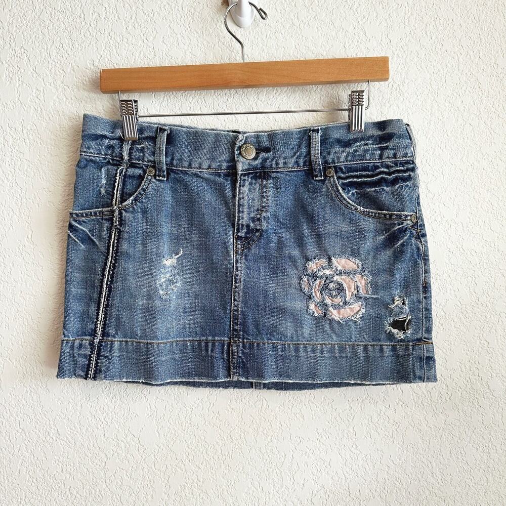 VTG Y2K Old Navy Denim Micro Mini Skirt‎ 6 Low Rise Festival Boho Embroidered